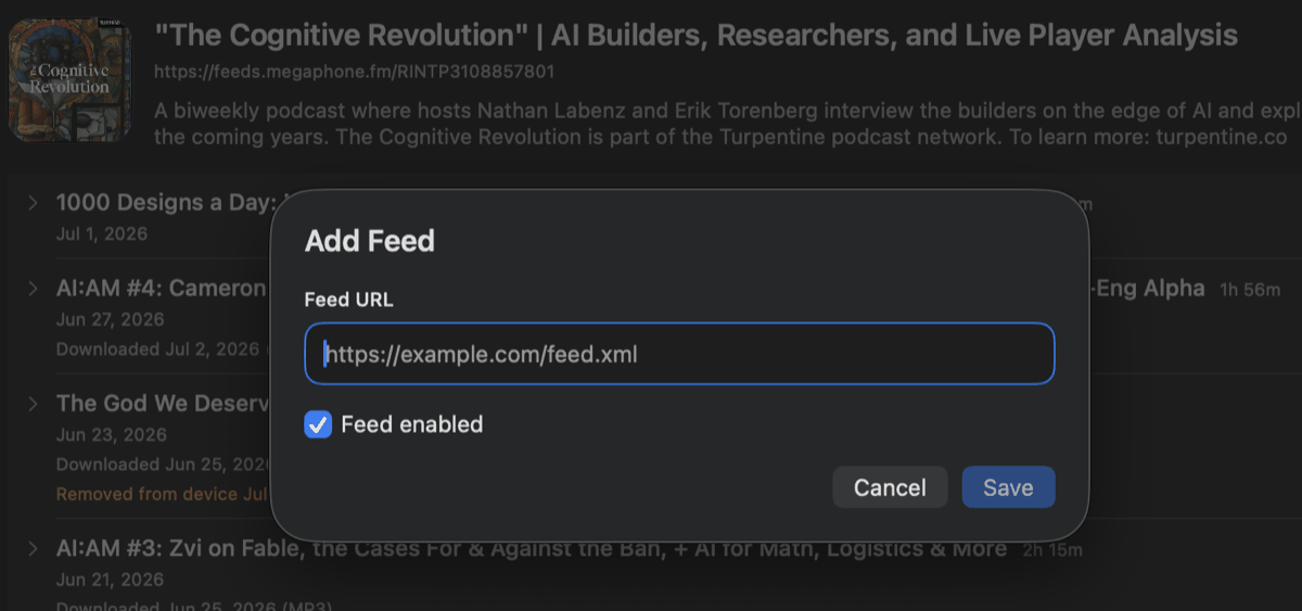 The add feed screen with an RSS feed URL field.