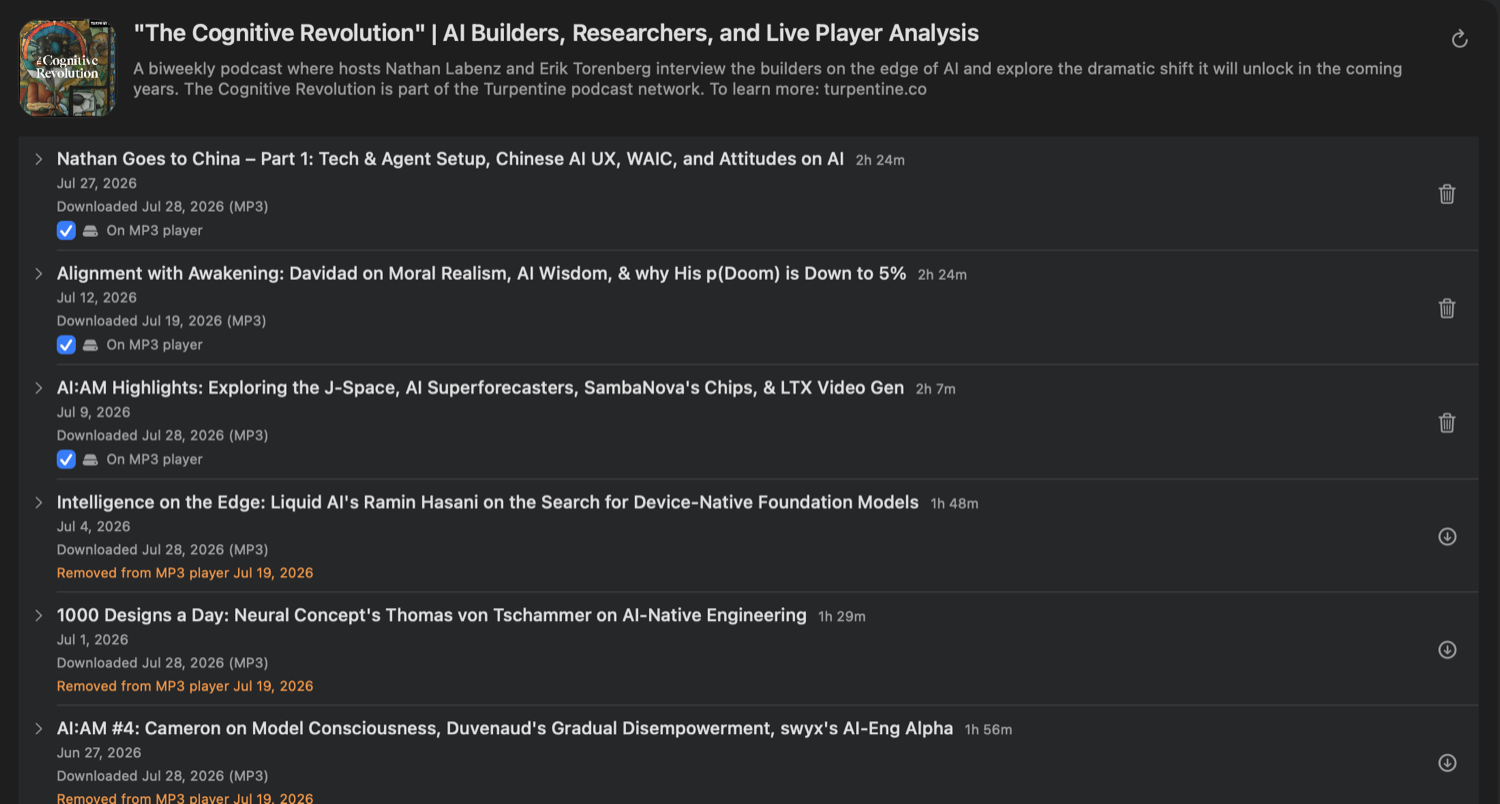Episode list with podcast episodes and download controls.