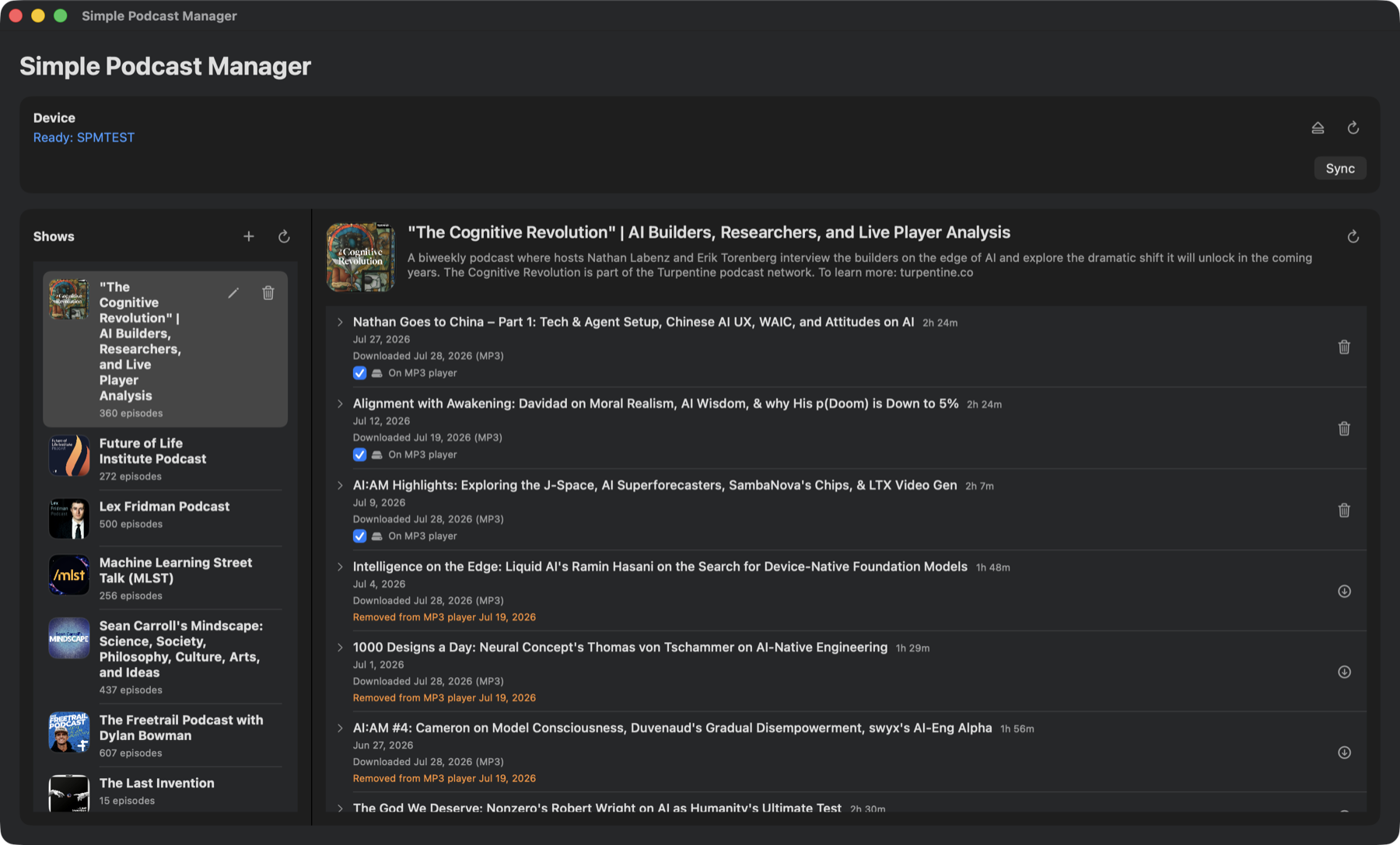 Simple Podcast Manager main window showing podcast subscriptions and episodes.