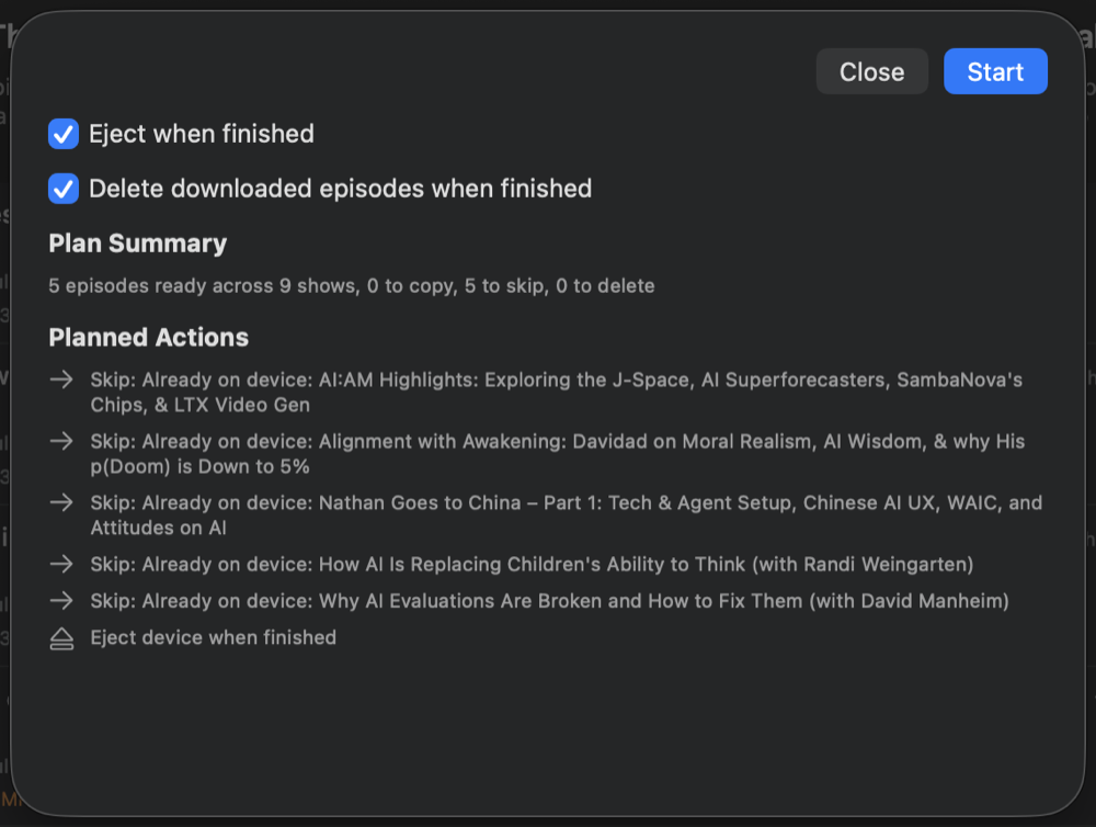 Sync plan showing device actions before sync starts.